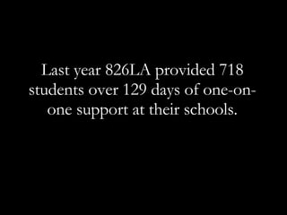 Last year 826LA provided 718 students over 129 days of one-on-one support at their schools. 