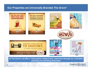 Our Properties are Universally Branded The Grove®




     At The Grove®, we offer a “fully-loaded college living” experience through our consistent
                                branding and operating philosophy

10
 