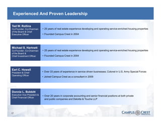 Experienced And Proven Leadership

Ted W. Rollins
Co-Founder, Co-Chairman      • 25 years of real estate experience developing and operating service-enriched housing properties
of the Board & Chief
Executive Officer            • Founded Campus Crest in 2004




Michael S. Hartnett
Co-Founder, Co-Chairman      • 25 years of real estate experience developing and operating service-enriched housing properties
of the Board &
Chief Investment Officer     • Founded Campus Crest in 2004




Earl C. Howell
President & Chief            • Over 33 years of experience in service driven businesses; Colonel in U.S. Army Special Forces
Operating Officer
                             • Joined Campus Crest as a consultant in 2009




Donnie L. Bobbitt
Executive Vice President &   • Over 20 years in corporate accounting and senior financial positions at both private
Chief Financial Officer
                               and public companies and Deloitte & Touche LLP




17
 