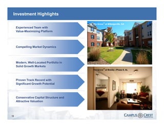 Investment Highlights
                                                    ®
                                          The Grove at Milledgeville, GA
     Experienced Team with
     Value-Maximizing Platform




     Compelling Market Dynamics




     Modern, Well-Located Portfolio in
     Solid Growth Markets
                                                    ®
                                          The Grove at Mobile—Phase II, AL




     Proven Track Record with
     Significant Growth Potential



     Conservative Capital Structure and
     Attractive Valuation



18
 