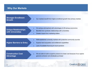 Why Our Markets



Stronger Enrollment
                           §   Our markets benefit from higher enrollment growth than primary markets
Growth



                           §   On-campus atmosphere with advantages of off-campus economics
Unique Relationships
                           §   Benefits from symbiotic relationships with universities
with Universities
                           §   Greater impact from marketing dollars



                           §   Well-established university markets with protective community councils

Higher Barriers to Entry   §   Superior land acquisition and entitlement capabilities

                           §   Lack of available financing for local operators




Construction Cost          §   We are able to build a superior product at a lower cost because of our captive
Advantage                      general contractor and wholesale purchaser




5
 