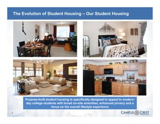 The Evolution of Student Housing – Our Student Housing




         Purpose-built student housing is specifically designed to appeal to modern-
         day college students with broad on-site amenities, enhanced privacy and a
                           focus on the overall lifestyle experience

7
 