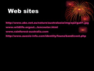 Web sites http://www.abc.net.au/nature/australasia/img/ep2/gall1.jpg www.wildlife.orgaul...lencouter.html   www.rainforest-australia.com   http://www.aussie-info.com/identity/fauna/bandicoot.php 