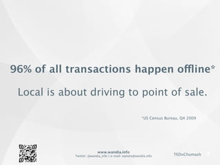 www.wandia.info
Twitter: @wandia_info | e-mail: wandia@wandia.info TEDxChumash
96% of all transactions happen offline*
Local is about driving to point of sale.
*US Census Bureau, Q4 2009
 