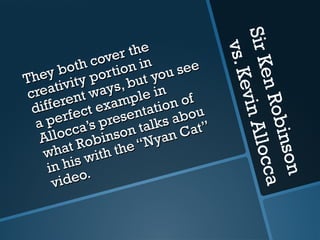 Sir K
                      r the




                                   vs . K
                ove in
       b o t h c r t io n   see
  hey ity po but you




                                        en R
T
   eativ nt ways, le in




                                         evin
 cr re
     fe
  dif fect ex ent amp ation of
                            bou




                                             obin
        r             s
  a pe ca’s pre n talks a at”




                                              Allo c
   A lloc obinso Nyan C
    wh  at R ith the “




                                                  son
     in his w
         deo.




                                                     ca
      vi
 
