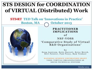STS DESIGN for COORDINATION
of VIRTUAL (Distributed) Work
STS RT TED Talk on ‘Innovations in Practice’
Boston, MA
October 2013
PRACTITIONER
IMPLICATIONS
of
NSF-VOSS
‘Comparative Study of Virtual
R&D Organizations’
by
Doug Austrom, Betty Barrett, Betsy Merck,
Bert Painter, Pam Posey, Ram Tenkasi
NATIONAL SCIENCE FOUNDATION GRANT
VOSS: VIRTUAL ORGANIZATIONS AS
SOCIO-TECHNICAL SYSTEMS

October 2013

 