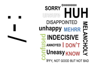:-/
DISAPPOINTED
Uneasy
MELANCHOLY
SORRY
I DON’T
KNOW
HUH
ANNOYED
MEHRRunhappy
EHHHHHHHH
IFFY, NOT GOOD BUT NOT BAD
INDECISIVE
 
