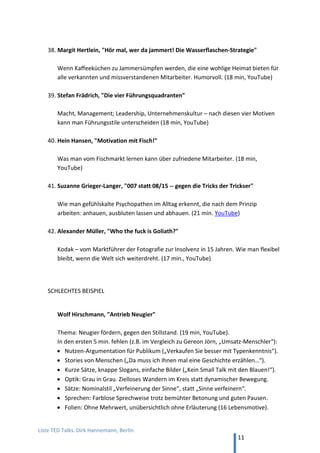 TED and more. Top 50 Präsentationen. Dirk Hannemann, Berlin
11
STORYTELLING-PRAXIS
30. Einen Flugzeugabsturz überleben: Ric Elias
Ric Elias, „Drei Dinge die ich lernte, während mein Flugzeug abstürzte.“ (5 min, TED)
31. Ein 13jähriger Massai besiegt die Löwen: Richard Turere
Richard Turere, „Ein Friedensvertrag mit … Löwen.“ (7 min, TED). Erfindergeist und
Ingenieurskunst schützt das Vieh.
32. Von der Ungerechtigkeit im amerikanischen Rechtssystem: Bryan Stevenson
Bryan Stevenson, „Wir müssen über eine Ungerechtigkeit sprechen“ (18 min, TED):
Drei Millionen Häftlinge sitzen in US-Gefängnissen, viele Kinder, viele Schwarze.
Brillante Geschichten und eine geniale Art, Zahlen lebendig darzustellen.
Von mir geschnitten und kommentiert als Lehrvideo Storytelling YouTube
33. Die Kunst, Geschichten zu erzählen: Joe Sabia
Joe Sabia, “Die Technik des Geschichtenerzählens” (4 min, TED). Der Deutsche Lothar
Meggendorfer erfindet im 19. Jh. die Kunst des Geschichtenerzählens neu.
34. Die Bedeutung von „4 Uhr morgens“: Rives
Rives, “4 Uhr morgens” (9 min, TED). Eine besondere Zeit des Tages.
35. Es ist Zeit für „das Gespräch“ mit der Tochter: Julia Sweeny
Julia Sweeney führt "Das Gespräch" (5 min, TED). Woher kommen kleine Hunde?
36. Kubanische Leidenschaft: Carmen Agra Deedy
„Carmen Agra Deedy erzählt Geschichten“ (18 min, TED): Mutter fährt Auto.
37. Das Gehirn erklärt in Metaphern: Mark Gungor
Mark Gungor, „Men’s Brains, Women’s Brains“ (5 min, YouTube): Aus einer TED Talk-
Favoriten-Liste von Michael Rossié: „eine wundervolle Metapher für das Gehirn“.
 