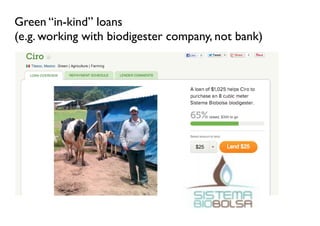 Green “in-kind” loans
(e.g. working with biodigester company, not bank)
 