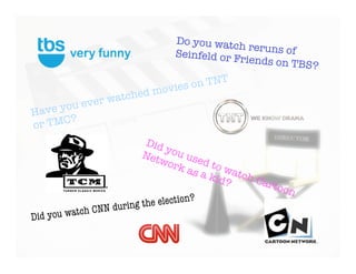 Do you watc
                                              h reruns of
                                 Seinfeld or F
                                               riends on TB
                                                            S?
                                            T
                                 ie s on TN
                      ch e d mov
           v er wat
Hav e you e
        ?
or TMC
                            Did
                                you
                           Net
                               wor used t
                                  k as    ow
                                       a ki atch
                                           d?    Car
                                                     toon
                                      ?
                       ng the election
             h CNN duri
D id you watc
 