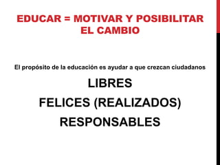 EDUCAR = MOTIVAR Y POSIBILITAR
          EL CAMBIO


El propósito de la educación es ayudar a que crezcan ciudadanos

                        LIBRES
        FELICES (REALIZADOS)
              RESPONSABLES
 