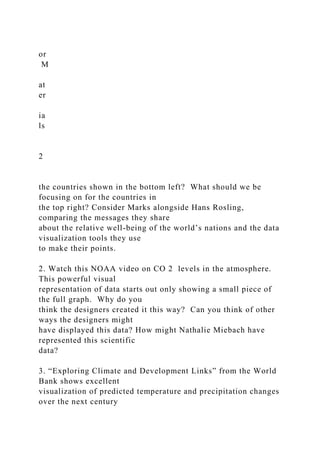 or
M
at
er
ia
ls
2
the countries shown in the bottom left? What should we be
focusing on for the countries in
the top right? Consider Marks alongside Hans Rosling,
comparing the messages they share
about the relative well-being of the world’s nations and the data
visualization tools they use
to make their points.
2. Watch this NOAA video on CO 2 levels in the atmosphere.
This powerful visual
representation of data starts out only showing a small piece of
the full graph. Why do you
think the designers created it this way? Can you think of other
ways the designers might
have displayed this data? How might Nathalie Miebach have
represented this scientific
data?
3. “Exploring Climate and Development Links” from the World
Bank shows excellent
visualization of predicted temperature and precipitation changes
over the next century
 