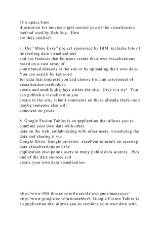 This space/time
illustration for movies might remind you of the visualization
method used by Deb Roy. How
are they similar?
7. The” Many Eyes” project sponsored by IBM includes lots of
interesting data visualizations
and has features that let users create their own visualizations
based on a vast array of
contributed datasets at the site or by uploading their own data.
You can search by keyword
for data that interests you and choose from an assortment of
visualization methods to
create and modify displays within the site. Give it a try! You
can publish a visualization you
create to the site, submit comments on those already there--and
maybe someone else will
comment on yours.
8. Google Fusion Tables is an application that allows you to
combine your own data with other
data on the web, collaborating with other users, visualizing the
data and sharing it via
Google Drive. Google provides excellent tutorials on creating
data visualizations and the
application also points users to many public data sources. Pick
one of the data sources and
create your own data visualization.
http://www-958.ibm.com/software/data/cognos/manyeyes/
http://www.google.com/fusiontables8. Google Fusion Tables is
an application that allows you to combine your own data with
 