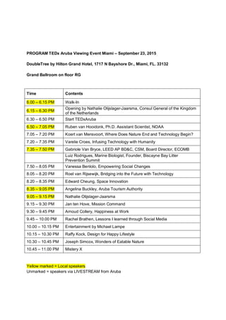 PROGRAM TEDx Aruba Viewing Event Miami – September 23, 2015
DoubleTree by Hilton Grand Hotel, 1717 N Bayshore Dr., Miami, FL. 33132
Grand Ballroom on floor RG
Time Contents
6.00 – 6.15 PM Walk-In
6.15 – 6.30 PM
Opening by Nathalie Olijslager-Jaarsma, Consul General of the Kingdom
of the Netherlands
6.30 – 6.50 PM Start TEDxAruba
6.50 – 7.05 PM Ruben van Hooidonk, Ph.D. Assistant Scientist, NOAA
7.05 – 7.20 PM Koert van Mensvoort, Where Does Nature End and Technology Begin?
7.20 – 7.35 PM Varelie Croes, Infusing Technology with Humanity
7.35 – 7.50 PM Gabriole Van Bryce, LEED AP BD&C, CSM, Board Director, ECOMB
Luiz Rodrigues, Marine Biologist, Founder, Biscayne Bay Litter
Prevention Summit
7.50 – 8.05 PM Vanessa Benlolo, Empowering Social Changes
8.05 – 8.20 PM Roel van Rijsewijk, Bridging into the Future with Technology
8.20 – 8.35 PM Edward Cheung, Space Innovation
8.35 – 9.05 PM Angelina Buckley, Aruba Tourism Authority
9.05 – 9.15 PM Nathalie Olijslager-Jaarsma
9.15 – 9.30 PM Jan ten Hove, Mission Command
9.30 – 9.45 PM Arnoud Collery, Happiness at Work
9.45 – 10.00 PM Rachel Brathen, Lessons I learned through Social Media
10.00 – 10.15 PM Entertainment by Michael Lampe
10.15 – 10.30 PM Raffy Kock, Design for Happy Lifestyle
10.30 – 10.45 PM Joseph Simcox, Wonders of Eatable Nature
10.45 – 11.00 PM Mistery X
Yellow marked = Local speakers
Unmarked = speakers via LIVESTREAM from Aruba
 