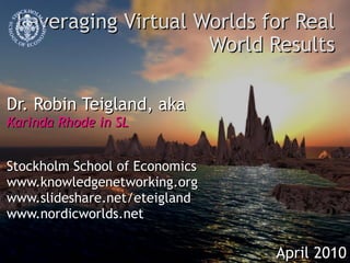 Leveraging Virtual Worlds for Real World Results Dr. Robin Teigland, aka Karinda Rhode in SL Stockholm School of Economics www.knowledgenetworking.org www.slideshare.net/eteigland www.nordicworlds.net April 2010 