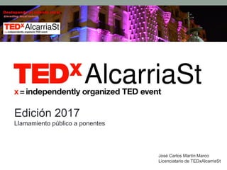 José Carlos Martín Marco
Licenciatario de TEDxAlcarriaSt
Edición 2017
Llamamiento público a ponentes
 