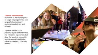 Talks vs. Performances
In addition to the inspiring talks
on stage, we programme a wide
range of interdisciplinary
performances both on- and
offstage.
Together with the TEDx
partners, foyers are transformed
into interactive experiences that
allow the guests to connect in
surprising ways linked to the
theme of the event, “One Step
Beyond”.
 