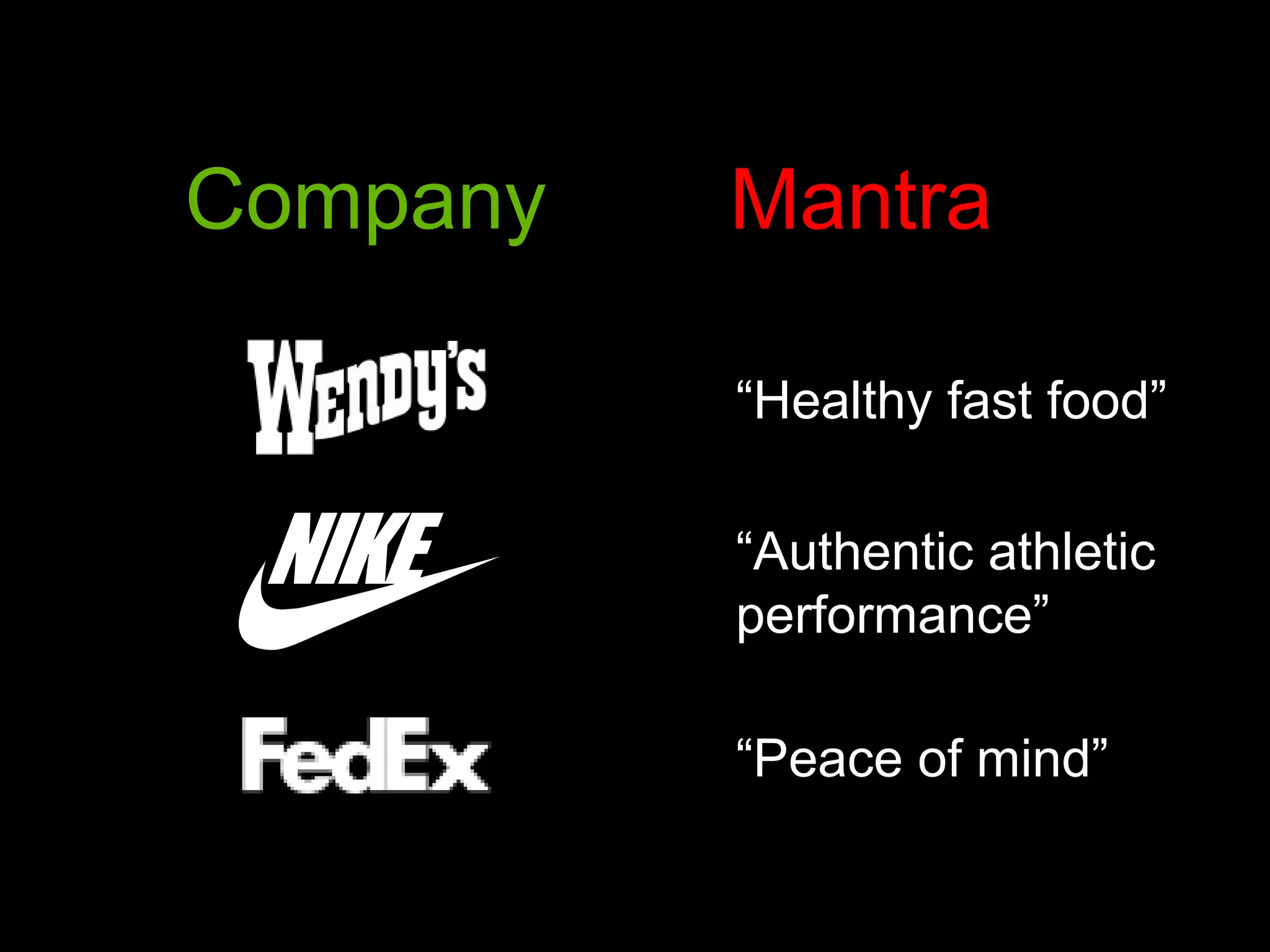 Company
Mantra
“Healthy fast food”
“Authentic athletic
performance”
“Peace of mind”
