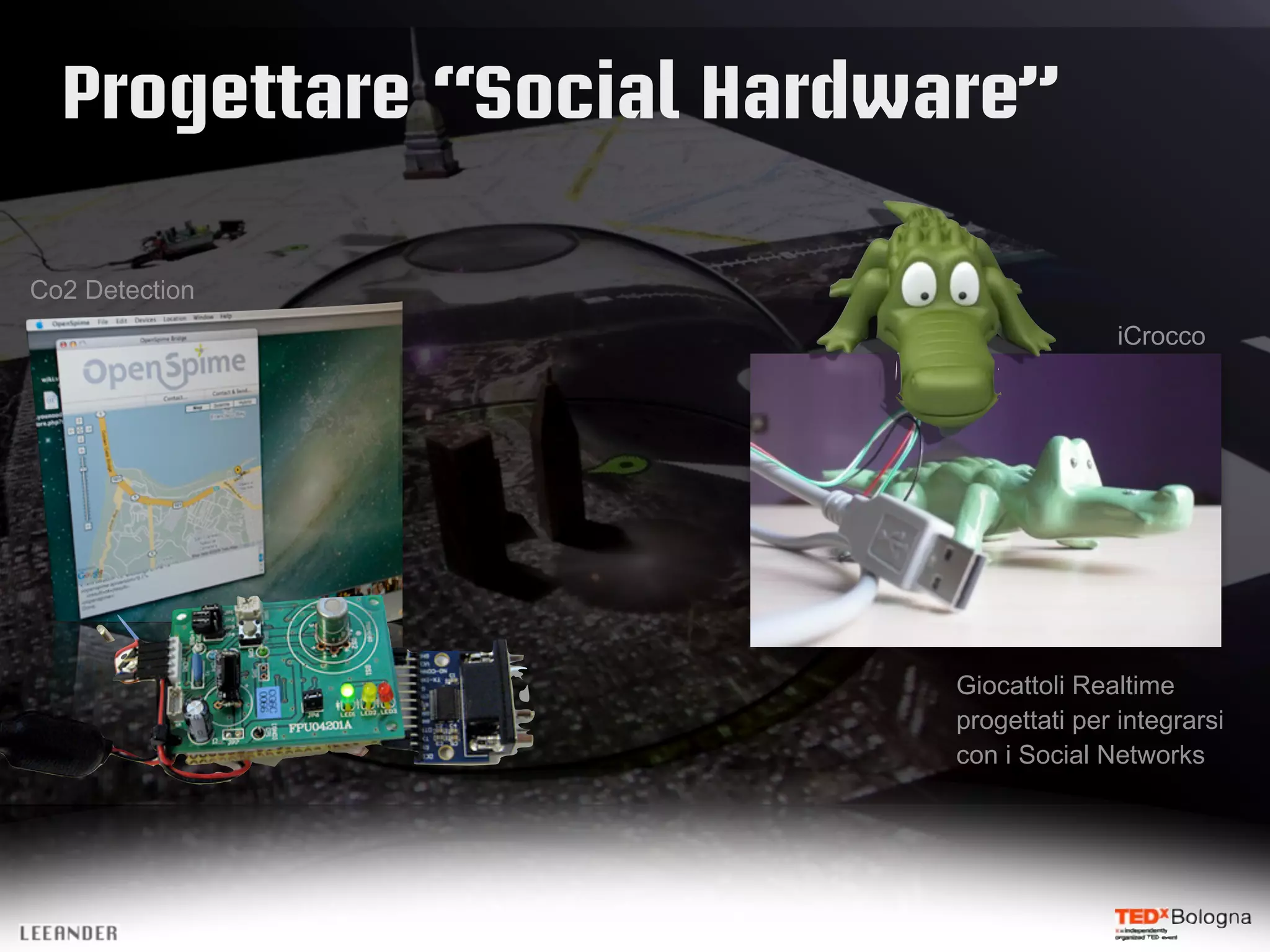 Progettare “Social Hardware”
Co2 Detection
iCrocco
Giocattoli Realtime
progettati per integrarsi
con i Social Networks