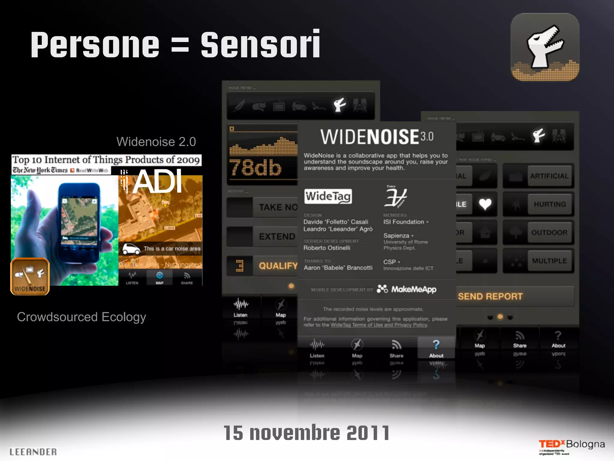 Persone = Sensori
Widenoise 2.0
Crowdsourced Ecology
15 novembre 2011