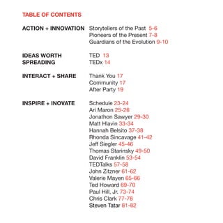 TABLE OF CONTENTS

ACTION + INNOVATION Storytellers of the Past 5-6
                    Pioneers of the Present 7-8
                    Guardians of the Evolution 9-10

IDEAS WORTH            TED 13
SPREADING              TEDx 14

INTERACT + SHARE       Thank You 17
                       Community 17
                       After Party 19

INSPIRE + INOVATE      Schedule 23-24
                       Ari Maron 25-26
                       Jonathon Sawyer 29-30
                        Matt Hlavin 33-34
                         Hannah Belsito 37-38
                         Rhonda Sincavage 41-42
                          Jeff Siegler 45-46
                          Thomas Starinsky 49-50
                          David Franklin 53-54
                          TEDTalks 57-58
                           John Zitzner 61-62
                           Valerie Mayen 65-66
                           Ted Howard 69-70
                           P
                            aul Hill, Jr. 73-74
                           Chris Clark 77-78
                           Steven Tatar 81-82
 
