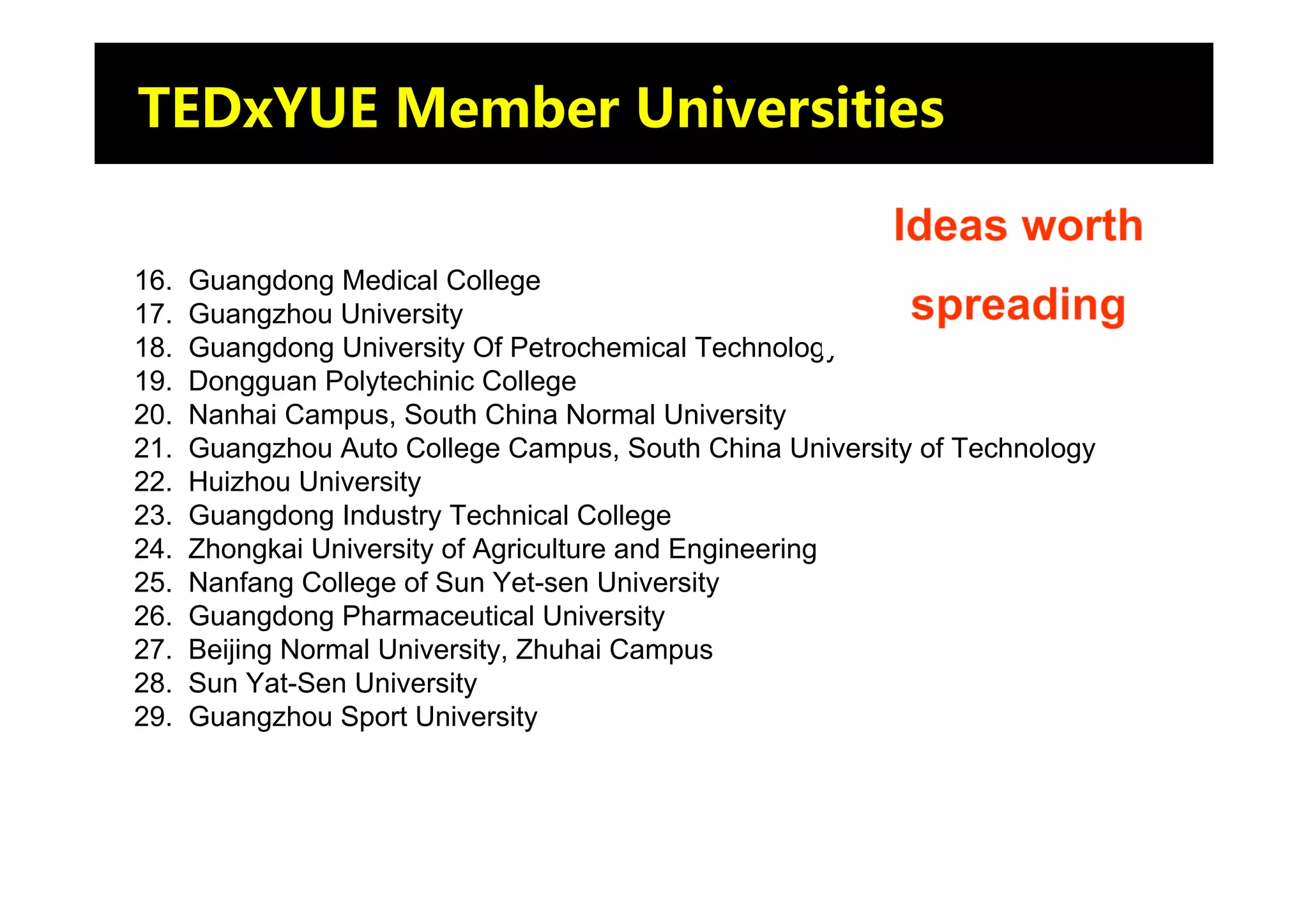 TEDxYUE Member Universities


16.   Guangdong Medical College
17.   Guangzhou University
18.   Guangdong University Of Petrochemical Technology
19.   Dongguan Polytechinic College
20.   Nanhai Campus, South China Normal University
21.   Guangzhou Auto College Campus, South China University of Technology
22.   Huizhou University
23.   Guangdong Industry Technical College
24.   Zhongkai University of Agriculture and Engineering
25.   Nanfang College of Sun Yet-sen University
26.   Guangdong Pharmaceutical University
27.   Beijing Normal University, Zhuhai Campus
28.   Sun Yat-Sen University
29.   Guangzhou Sport University
 