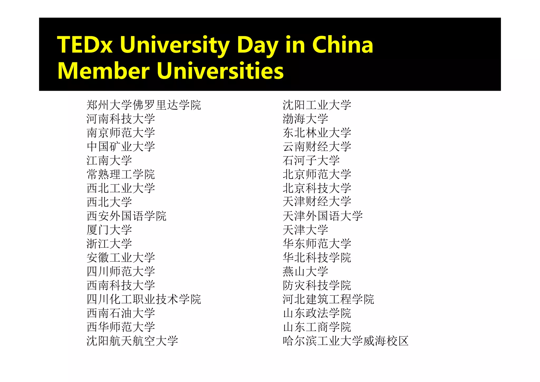 TEDx University Day in China
Member Universities
  郑州大学佛罗里达学院       沈阳工业大学
  河南科技大学           渤海大学
  南京师范大学           东北林业大学
  中国矿业大学           云南财经大学
  江南大学             石河子大学
  常熟理工学院           北京师范大学
  西北工业大学           北京科技大学
  西北大学             天津财经大学
  西安外国语学院          天津外国语大学
  厦门大学             天津大学
  浙江大学             华东师范大学
  安徽工业大学           华北科技学院
  四川师范大学           燕山大学
  西南科技大学           防灾科技学院
  四川化工职业技术学院       河北建筑工程学院
  西南石油大学           山东政法学院
  西华师范大学           山东工商学院
  沈阳航天航空大学         哈尔滨工业大学威海校区
 