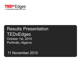 Results Presentation
TEDxEdges
October 1st, 2010
Portimão, Algarve
11 November 2010
 