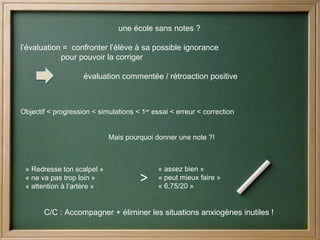 une école sans notes ?

l’évaluation = confronter l’élève à sa possible ignorance
            pour pouvoir la corriger

                    évaluation commentée / rétroaction positive



Objectif < progression < simulations < 1er essai < erreur < correction


                             Mais pourquoi donner une note ?!



 « Redresse ton scalpel »                    « assez bien »
 « ne va pas trop loin » 
 « attention à l’artère »
                                       >     « peut mieux faire »
                                             « 6,75/20 »


       C/C : Accompagner + éliminer les situations anxiogènes inutiles !
 