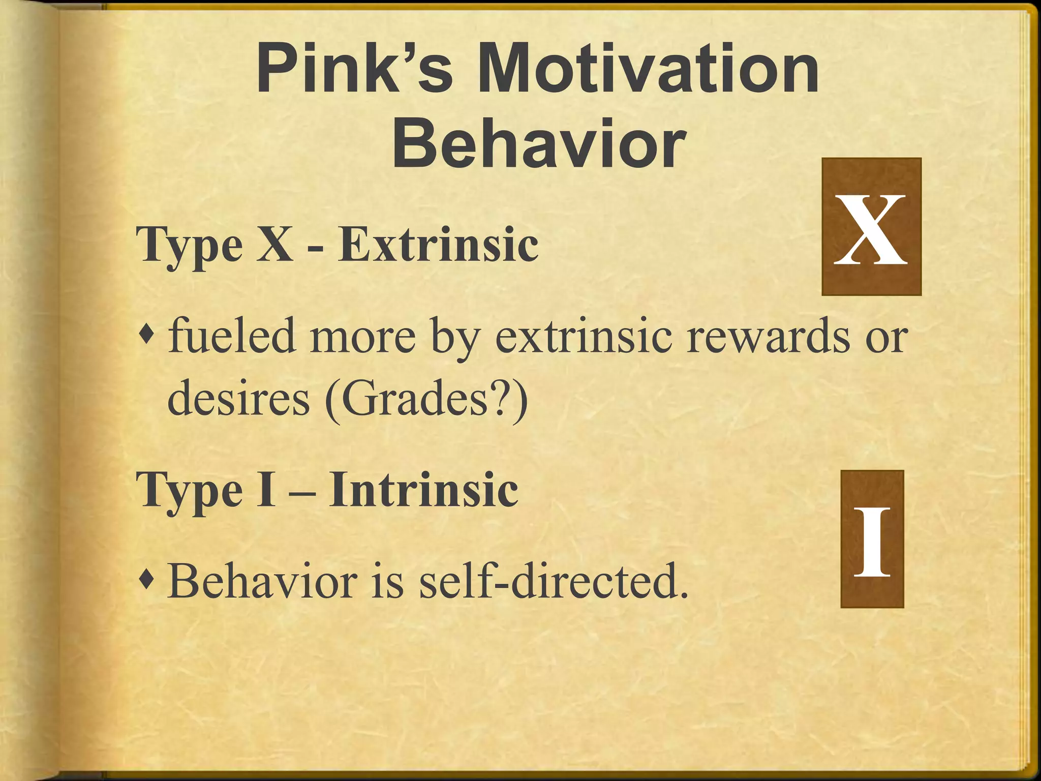 Pink’s Motivation BehaviorType X - Extrinsicfueled more by extrinsic rewards or desires (Grades?)Type I – IntrinsicBehavior is self-directed.X  I  