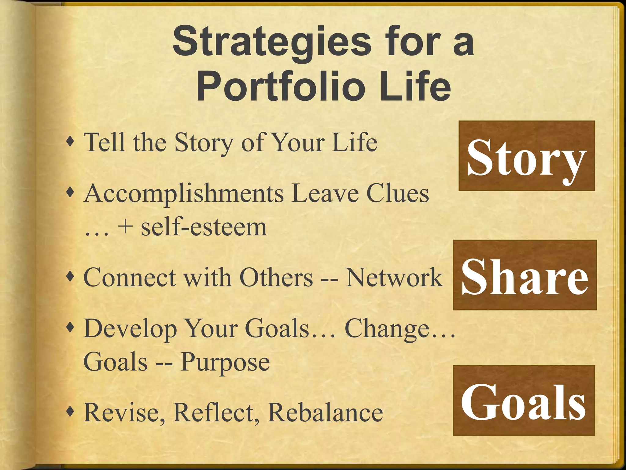 Strategies for a Portfolio LifeTell the Story of Your LifeAccomplishments Leave Clues… + self-esteemConnect with Others -- NetworkDevelop Your Goals… Change… Goals -- PurposeRevise, Reflect, RebalanceStoryShareGoals