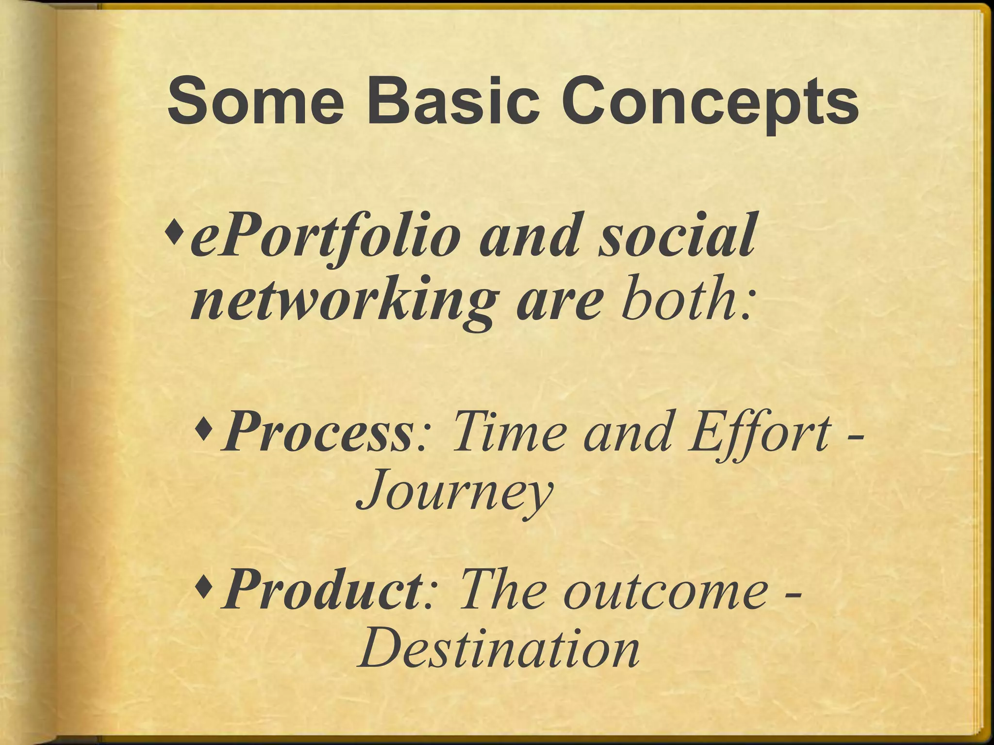 Some Basic ConceptsePortfolio and social networking are both:Process: Time and Effort - 		JourneyProduct: The outcome - 			Destination