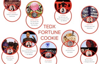 JENNY SHIRK
“Give yourself permission
to fail forward”
— Jon Wexler
TEDX
FORTUNE
COOKIE
BRIAN EYLER
Choose your own
adventure
KIMBERLY BRANDT
The harder the
fall, the higher
the bounce
JEFF BRUMMER
It all matters
KARI ROWELL
“Be the mirror”
— Gregory Gourdet
LAUREN WIMMER
Today is yesterday’s
tomorrow.
ALI WERNER
“Be who you are.
Permit yourself to fail”
— Jon Wexler
PAUL LESER
Life lessons and
ice cream.
BRIAN MADDEN
Diversify your
thoughts.
 