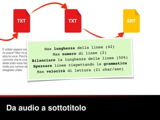 Da audio a sottotitolo
E volete sapere cos’è che non
mi piace? Non mi piace chi
alza la voce. Perché sono
convinto che le cose giuste
dette sotto voce facciano
molto più rumore delle cose
sbagliate urlate.
E volete sapere cos’è che non mi piace? 
 
Non mi piace chi alza la voce.
Perché sono convinto che le cose giuste 
dette sotto voce 
 
facciano molto più rumore 
delle cose sbagliate urlate.
Max lunghezza della linea (42)
Max numero di linee (2)
Bilanciare la lunghezza delle linee (50%)
Spezzare linee rispettando la grammatica
Max velocità di lettura (21 char/sec)
 
