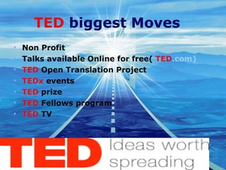 TED  biggest Moves Non Profit Talks available Online for free(  TED .com) TED   Open Translation Project TEDx   events TED   prize TED   Fellows program TED   TV 
