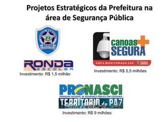 Projetos Estratégicos da Prefeitura na área de Segurança Pública Investimento: R$ 1,5 milhão  Investimento: R$ 9 milhões  Investimento: R$ 5,5 milhões  