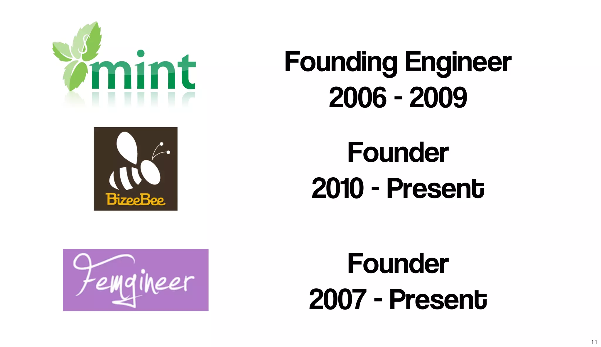 Founding Engineer
2006 - 2009
Founder
2010 - Present
Founder
2007 - Present
11
 