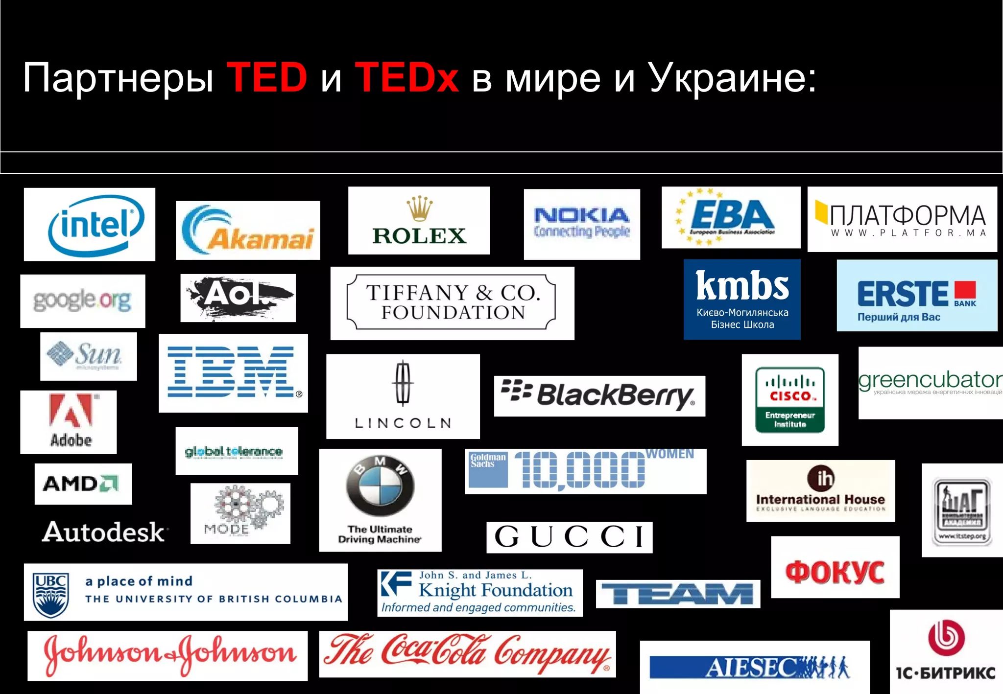 Партнеры TED и TEDх в мире и Украине:
 