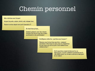 Chemin personnel
Mes relations avec l’argent

Argent de poche, salaire, hérité, volé, réclamé, levé...

Toujours curieux depuis tout petit (anecdote ?)

                                        Du fond d’une prison...

                                        Comme la plupart, pour des raisons
                                        d’argent (les autres sont des crimes
                                        passionnels ou des pathologies)

                                                                  Intelligence collective : quel lien avec l’argent ?

                                                                  Réponse sous forme d’une question : comment
                                                                  maximiser l’IC lorsque les gens sont en compétition
                                                                  les uns contre les autres pour l’outil même de leur
                                                                  collaboration ?

                                                                                             Cette question a mené de découvertes en
                                                                                             découvertes, à savoir comment la monnaie joue le
                                                                                             rôle d’ADN social. Les formes extérieures émergent
                                                                                             de ces “gènes”.
 