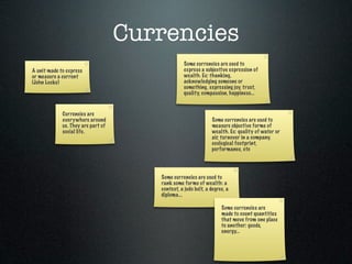 Currencies
                                                  Some currencies are used to
A unit made to express                            express a subjective expression of
or measure a current                              wealth. Ex: thanking,
(John Locke)                                      acknowledging someone or
                                                  something, expressing joy, trust,
                                                  quality, compassion, happiness...


             Currencies are
             everywhere around                                 Some currencies are used to
             us. They are part of                              measure objective forms of
             social life.                                      wealth. Ex: quality of water or
                                                               air, turnover in a company,
                                                               ecological footprint,
                                                               performance, etc




                                       Some currencies are used to
                                       rank some forms of wealth: a
                                       contest, a judo belt, a degree, a
                                       diploma...

                                                                    Some currencies are
                                                                    made to count quantities
                                                                    that move from one place
                                                                    to another: goods,
                                                                    energy...
 