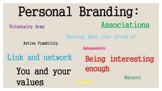 Personal Branding:
Active Visability
Link and network
Associations
You and your
values
Ambassadors
Voluntairy Army
Being interesting
enough
Naturel
Showing what your proud of
Connect
 