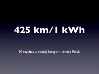 425 km/1 kWh

10 rezultat w swojej kategorii, rekord Polski
 