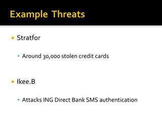    Stratfor

     Around 30,000 stolen credit cards



   Ikee.B

     Attacks ING Direct Bank SMS authentication
 