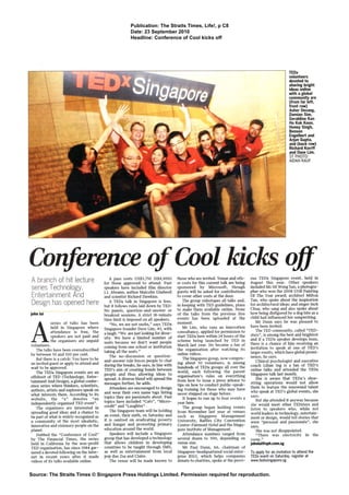 Publication:The Straits Times, Life!, p C8
Date: 23 September 2010
Headline: Conference of Cool kicks off
TEDx
volunteers
devotedto
sharingbright
Weas online
with a global
E ~ ~ IAsher Devang,
DamIanSim,
GeraldineKan
Ho Kok K m ,
I Honey Singh,
Benson
Engelbertand
OurtZa d (bac row)
RkhardKonff
and Dave Dm.
ST PHOTO:
AlDAH RAUF
Conference of Cool kicks 08A branch of hit lecture
series T e c h n o l o g y ,
Entertainment And
Design has opened here
A
series of talks has been
held in Singapore where
attendance is free, the
speakers are not paid and
the organisers are unpaid
volunteers.
The talks have been oversubscribed
by between 50 and 100 per cent.
But there is a catch: You have to be
an invitedguest or applyto attend and
wait to be approved.
The TEDx Singapore events are an
offshoot of TED (Technology, Enter-
tainment And Design),a globalconfer-
ence series where thinkers, scientists,
authors, artists and explorersspeak on
what interests them. According to its
website, the "x" denotes "an
independently organised TED event".
The organisers are interested in
spreading good ideas and a chance to
be part of what is widely recognised as
a community of the most idealistic,
innovative andvisionarypeople on the
planet.
Dubbed the 'LConferenceof Cool"
by The Financial Times, the series
held in California by the non-profit
TED organisation,has since 1984gar-
nered a devotedfollowing onthe Inter-
net in recent years after it made
videos of its talks available online.
A pass costs US$3,750 (S$4,900)
for those approved to attend. Past
speakers have included film director
1.1. Abrams, author Malcolm Gladwell
and scientist Richard Dawkins.
A TEDx talk in Singapore is free,
but it follows rules laid down by TED:
No panels, question-and-answer or
breakout sessions. A strict 18-minute
time limit is imposed on all speakers.
llNo,we are not snobs," saysTEDx
Singaporefounder Dave Lim, 43, with
alaugh."We are just lookingfordiver-
sity. We have a limited number of
seats because we don't want people
coming from one school or institution
taking all the seats."
The no-discussion or question-
and-answer rule forcespeople to chat
duringthe breaks, he says,in line with
TED'Saim of creating bonds between
people and thus allowing ideas to
spread. Adiverseblend will spread the
messages further, he adds.
Attendees are encouragedto design
and wear their own name tags listing
topics they are passionate about. Past
topics have included "Cats", "Micro-
credit" and "Laughter".
The Singaporeteam will be holding
an event, their sixth, on Saturday and
it is centred on eradicating poverty
and hunger and promoting primary
education aroundthe world.
Speakers will include a Singapore
group that has developed a technology
that allows children in developing
countries to be taught through SMS,
as well as entertainment from local
pop duo Zsa and Claire.
The venue will be made known to
those who are invited. Venue ,andoth-
er costs for this current talk are being
sponsored by Microsoft, though
guests vrrill be asked for contributions
to cover other costs at the door.
The group videotapes all talks and,
in keeping with TED guidelines, plans
to make them available online. None
of the talks from the previous five
events has been uploaded at the
moment.
Mr Lim, who runs an innovation
consultancy,applied for permissionto
start TEDx here within 24 hours of the
scheme being launched by TED in
March last year. He became a fan of
the organisation after watching its
online videos.
The Singaporegroup,now compris-
ing about 30 volunteers, is among
hundreds of TEDx groups all over the
world, each following the parent
organisation's rules on everything
from how to issue a press release to
tips on how to conduct public-speak-
ing training for those who may have
never stepped on stagebefore.
It hopes to runup to four events a
year here.
The group began holding events
from November last year at venues
such as Singapore Management
University, Raffles City Convention
Centre-FairmontHoteland the Singa-
pore Institute of Management.
Attendance numbers ranged from
several dozen to 300, depending on
venue size.
Mr Paul Dunn, 66, chairman of
Singapore-headquartered socialenter-
prise BlGl, which helps companies
donateto charities, spokeat the previ-
ous TEDx Singapore event, held in
August this year. Other speakers
included Ms Sit Weng San,a photogra-
pher who won the ZOO8 UOB Painting
Of The Year award; architect Milton
Tan, who spoke about the inspiration
forarchitecturalideas;andsingerInch
Chua, who sang and also spoke about
howbeing disfiguredby a dog.bite as a
childhad influenced her songwriting.
Mr Dunn says he was pleased to
have been invited.
The TED community, called "TED-
sters", is amongthe best and brightest
and if a TEDx speaker develops buzz,
there is a chance of him receiving an
invitation to speak at one of TED'S
larger events,whichhave globalpromi-
nence, he says.
Clinical psychologist and executive
coach Lilian Ing is a fan of TED'S
online talks and attended the TEDx
Singaporetalk last month.
She is aware that TEDx1s shoe-
string operations would not allow
them to feature the renowned talent
who speak at TED'S global events, she
says.
But she attended it anyway because
she would meet other TEDsters and
listen to speakers who, while not
worldleadersin technology,entertain-
ment or design, would tell stories that
were "personal and passionate", she
says.
She was not disappointed.
"There was electricity in the
room."
johnlul@sph.com.sg
To apply for an invitation to attend the
TEDx event on Saturday,register at
www.tedxsingapore.sg
Source: The Straits Times O Singapore Press Holdings Limited. Permission requiredfor reproduction.
 