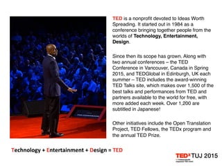 Technology	
  +	
  Entertainment	
  +	
  Design	
  =	
  TED	
  
TED is a nonproﬁt devoted to Ideas Worth
Spreading. It started out in 1984 as a
conference bringing together people from the
worlds of Technology, Entertainment,
Design.
Since then its scope has grown. Along with
two annual conferences – the TED
Conference in Vancouver, Canada in Spring
2015, and TEDGlobal in Edinburgh, UK each
summer – TED includes the award-winning
TED Talks site, which makes over 1,500 of the
best talks and performances from TED and
partners available to the world for free, with
more added each week. Over 1,200 are
subtitled in Japanese!
Other initiatives include the Open Translation
Project, TED Fellows, the TEDx program and
the annual TED Prize.
 