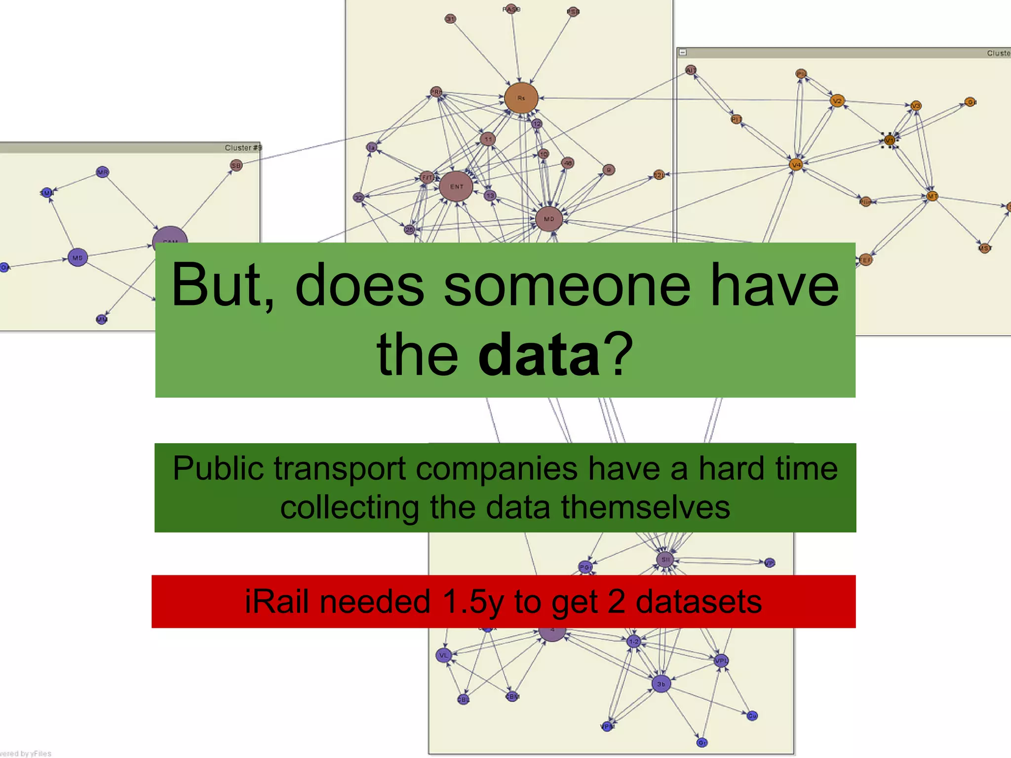 But, does someone have
       the data?
Public transport companies have a hard time
        collecting the data themselves

    iRail needed 1.5y to get 2 datasets
 
