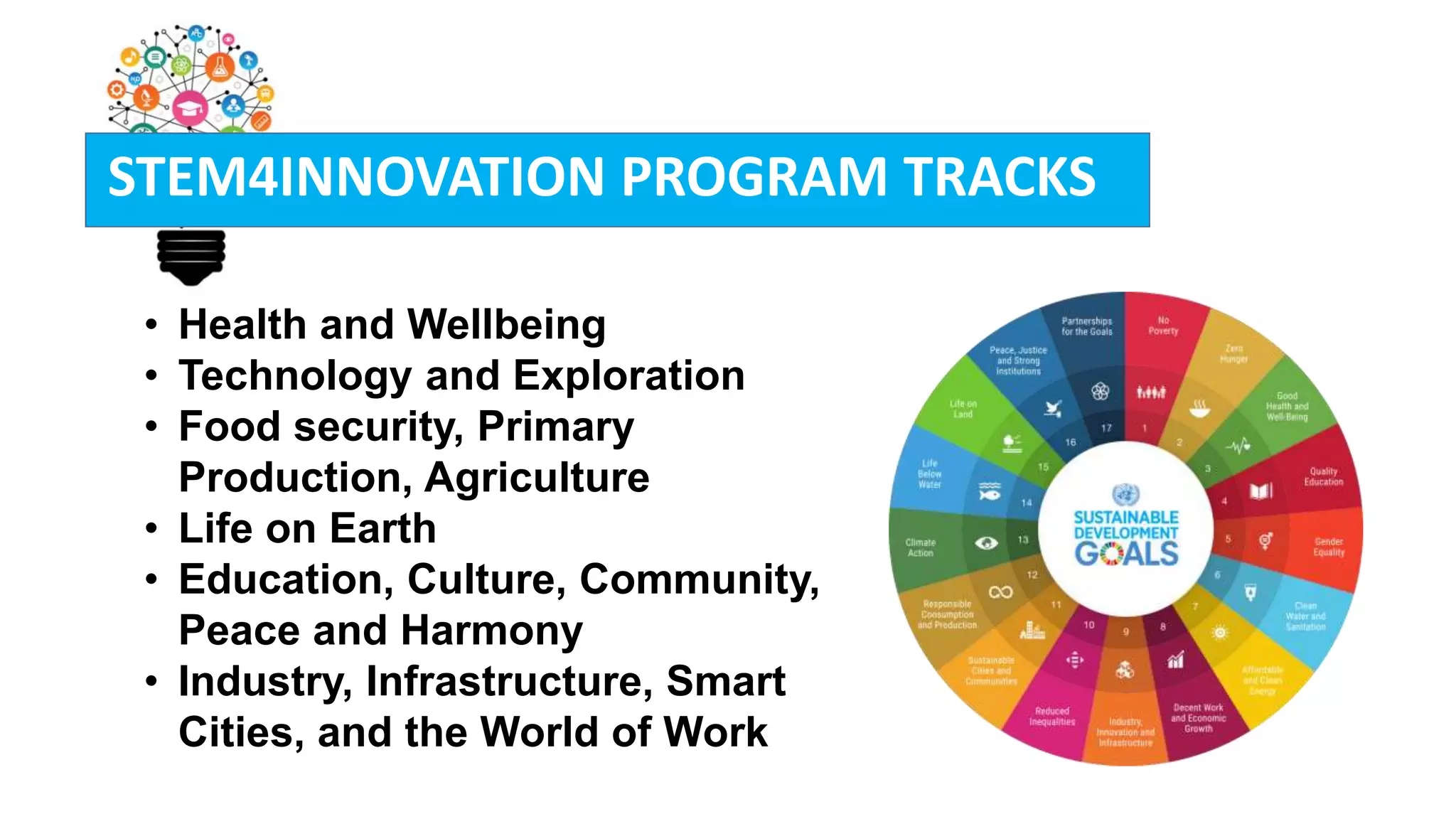 • Health and Wellbeing
• Technology and Exploration
• Food security, Primary
Production, Agriculture
• Life on Earth
• Education, Culture, Community,
Peace and Harmony
• Industry, Infrastructure, Smart
Cities, and the World of Work
STEM4INNOVATION PROGRAM TRACKS