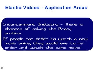 Elastic Videos - Application Areas


 Entertainment Industry – There is
  chances of solving the Piracy
  problem.
 If people can order to watch a new
  movie online, they would love to re-
  order and watch the same movie
  over and over again.



21
 