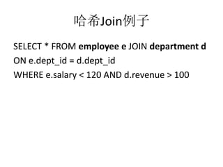 ϣJoin
SELECT * FROM employee e JOIN department d
ON e.dept_id = d.dept_id
WHERE e.salary < 120 AND d.revenue > 100

 