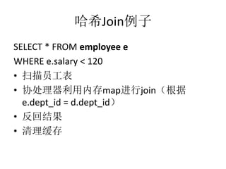 ϣJoin
SELECT * FROM employee e
WHERE e.salary < 120
? ɨԱ
? Эڴmapjoin
e.dept_id = d.dept_id
? ؽ
? 

 